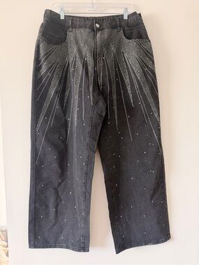 SHEIN Black Women’s Wide-Leg Jeans with‎ Silver Stud Burst Size 1XL